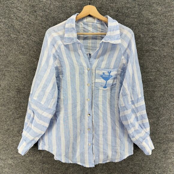 Heroes And Dreamers Shirt Women M Medium Blue Striped Button Up Collared Cotton - Picture 1 of 7